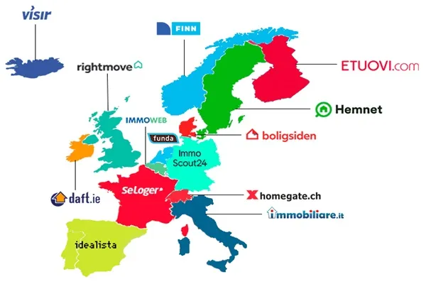 Европейски държави с логото на водещ сайт за недвижими имоти